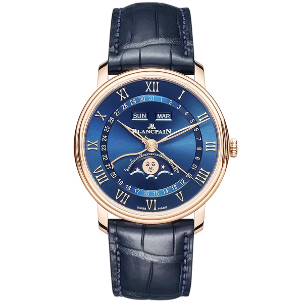 Blancpain Villeret Quantieme Complet 40mm 18ct Rose Gold Blue Dial Strap Watch - Berry's Jewellers