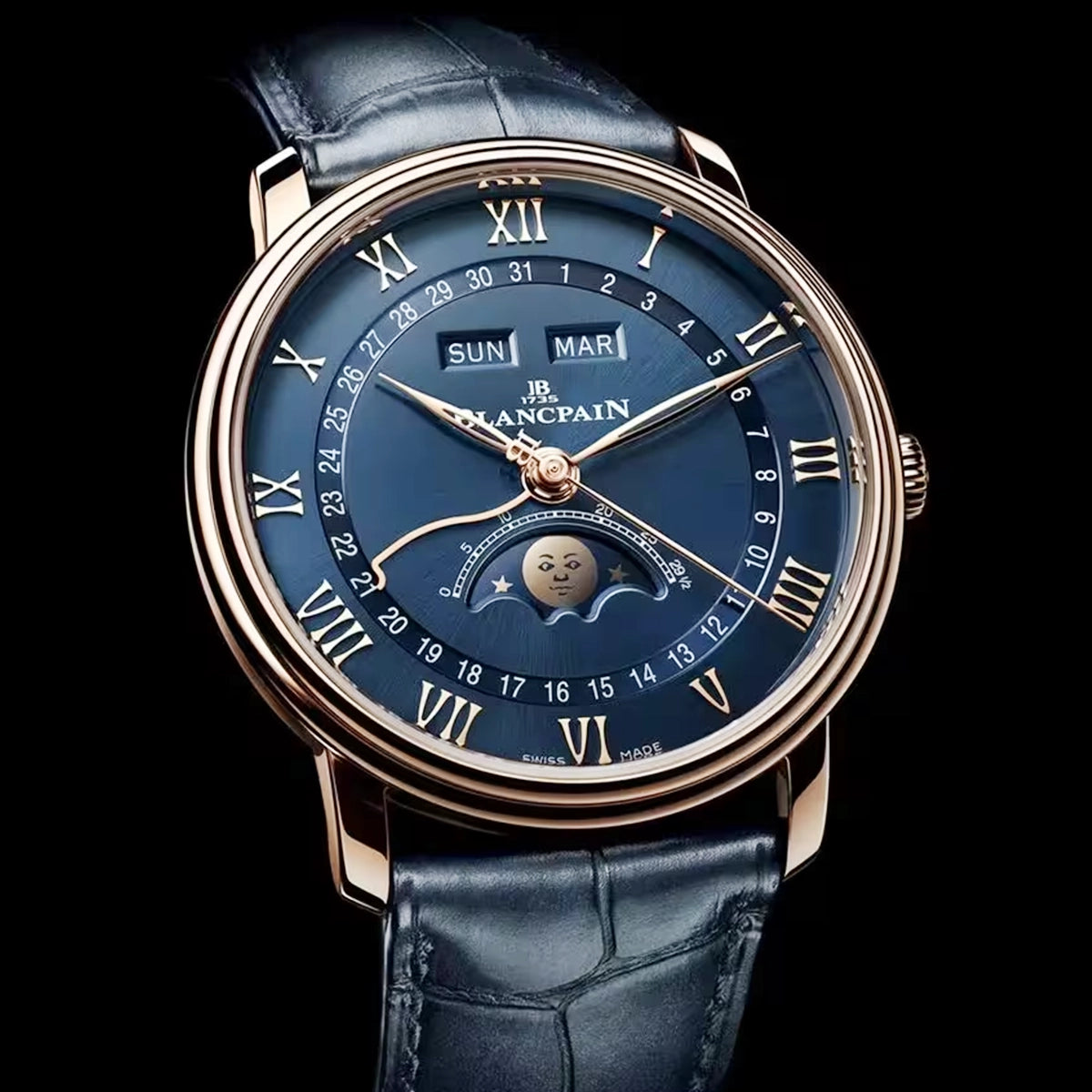 Blancpain Villeret Quantieme Complet 40mm 18ct Rose Gold Blue Dial Strap Watch - Berry's Jewellers