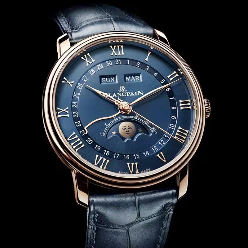 Blancpain Villeret Quantieme Complet 40mm 18ct Rose Gold Blue Dial Strap Watch - Berry's Jewellers