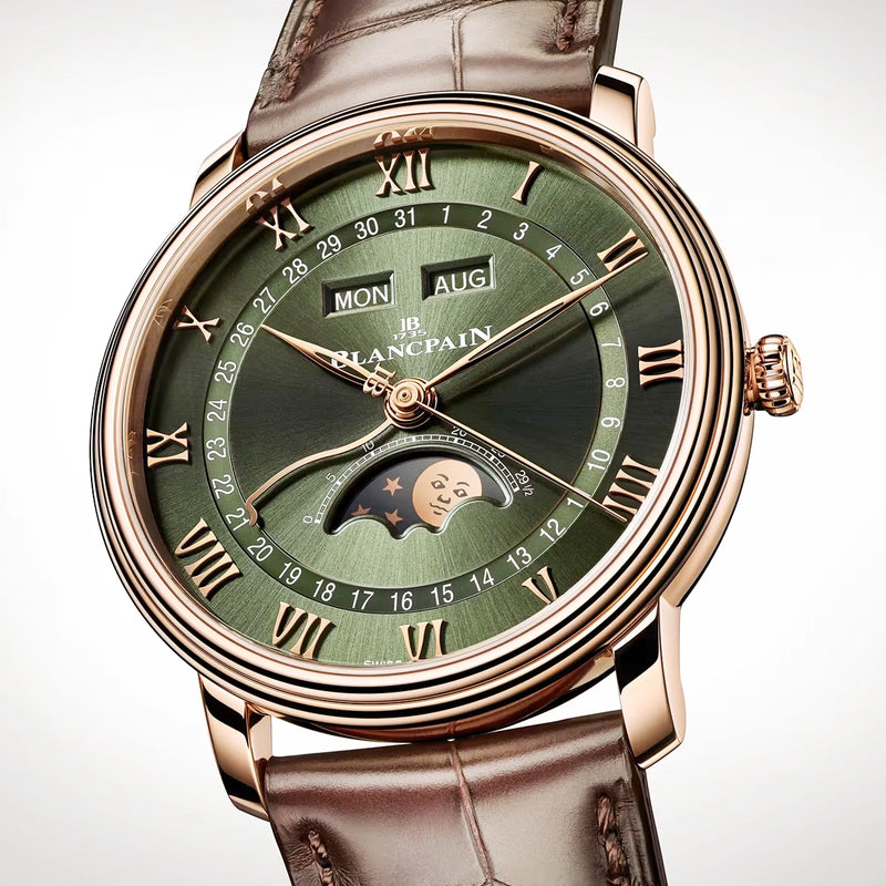 Blancpain Villeret Quantieme Complet 40mm 18ct Rose Gold Green Dial Strap Watch - Berry's Jewellers