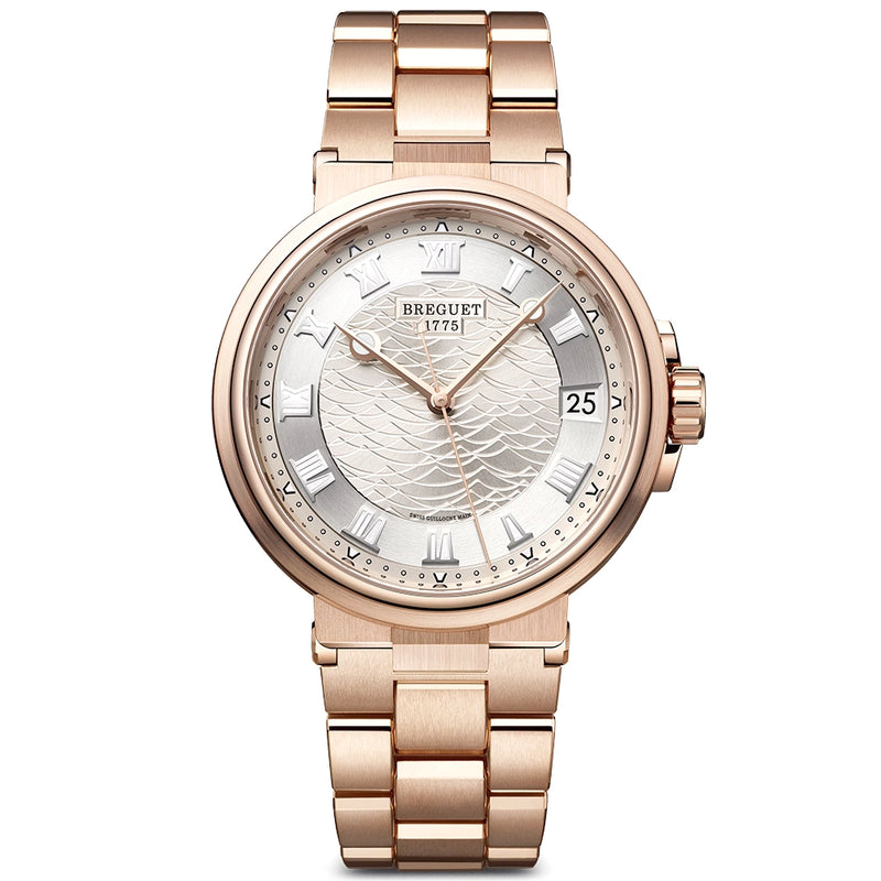 Breguet Marine 5517 40mm 18ct Rose Gold Silver Guilloche Dial Bracelet Watch - Berry's Jewellers