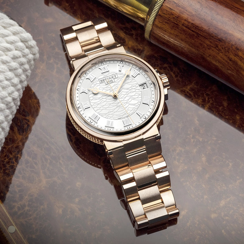 Breguet Marine 5517 40mm 18ct Rose Gold Silver Guilloche Dial Bracelet Watch - Berry's Jewellers