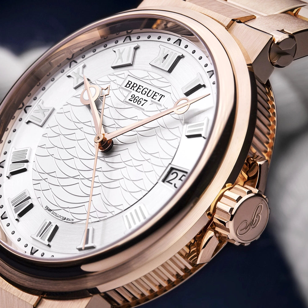 Breguet Marine 5517 40mm 18ct Rose Gold Silver Guilloche Dial Bracelet Watch - Berry's Jewellers