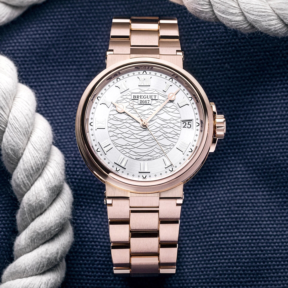 Breguet Marine 5517 40mm 18ct Rose Gold Silver Guilloche Dial Bracelet Watch - Berry's Jewellers