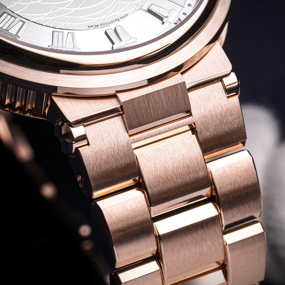 Breguet Marine 5517 40mm 18ct Rose Gold Silver Guilloche Dial Bracelet Watch - Berry's Jewellers