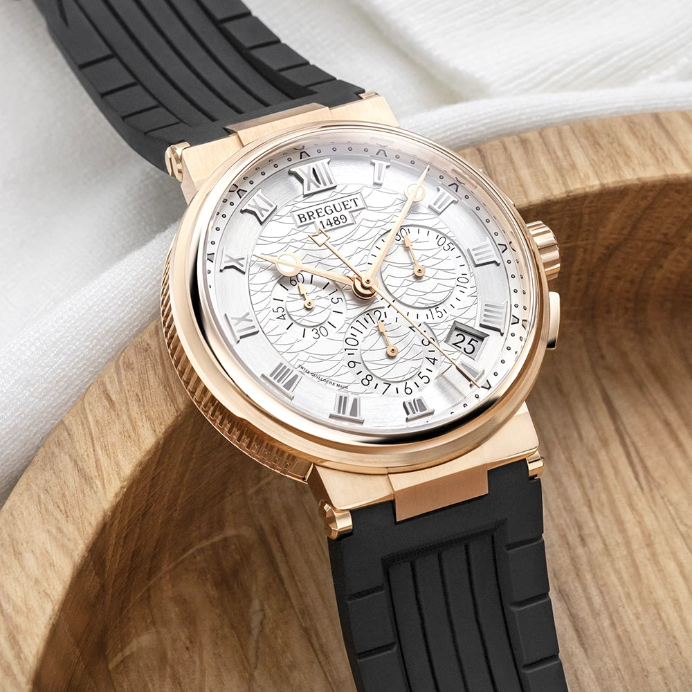 Breguet Marine Chronographe 5527 18ct Rose Gold Silver Guilloche Dial Strap Watch - Berry's Jewellers