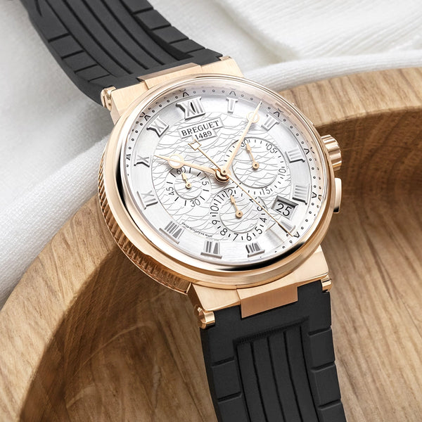 Breguet Marine Chronographe 5527 18ct Rose Gold Silver Guilloche Dial Strap Watch - Berry's Jewellers