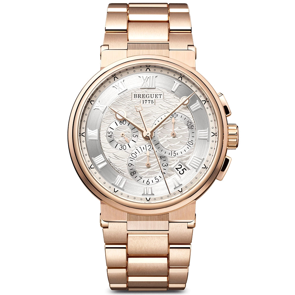 Breguet Marine Chronographe 5527 18ct Rose Gold Silver Dial Bracelet Watch - Berry's Jewellers