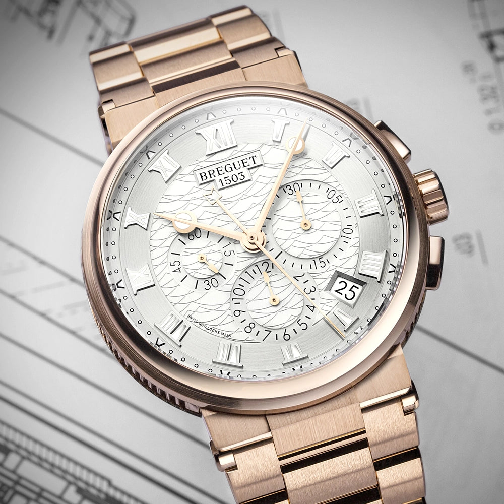 Breguet Marine Chronographe 5527 18ct Rose Gold Silver Dial Bracelet Watch - Berry's Jewellers