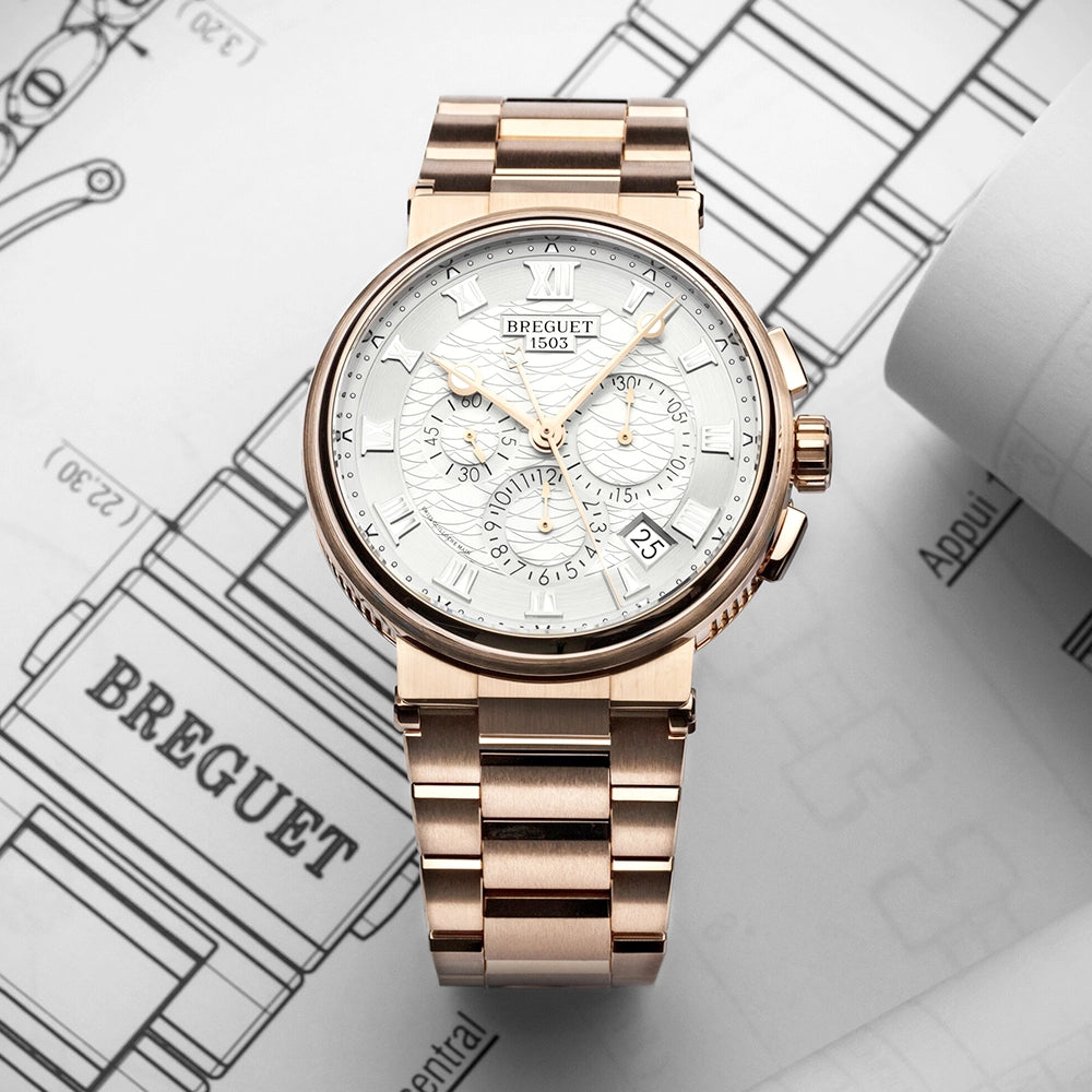 Breguet Marine Chronographe 5527 18ct Rose Gold Silver Dial Bracelet Watch - Berry's Jewellers
