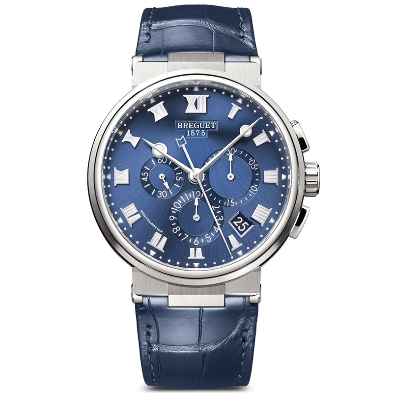 Breguet Marine Chronographe 5527 Titanium Blue Sunray Dial Leather Strap Watch - Berry's Jewellers
