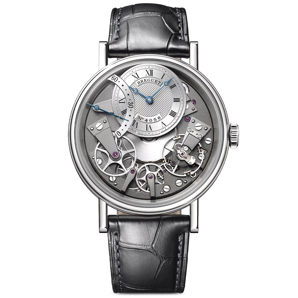 Breguet Tradition Seconde Retrograde 7097 18ct White Gold Silver Skeleton Dial Watch - Berry's Jewellers