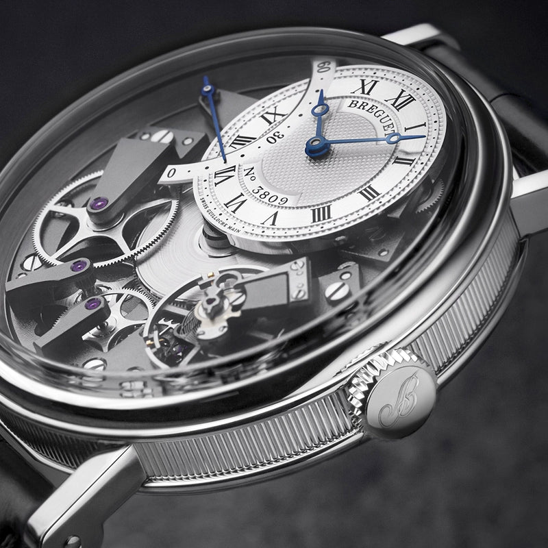 Breguet Tradition Seconde Retrograde 7097 18ct White Gold Silver Skeleton Dial Watch - Berry's Jewellers