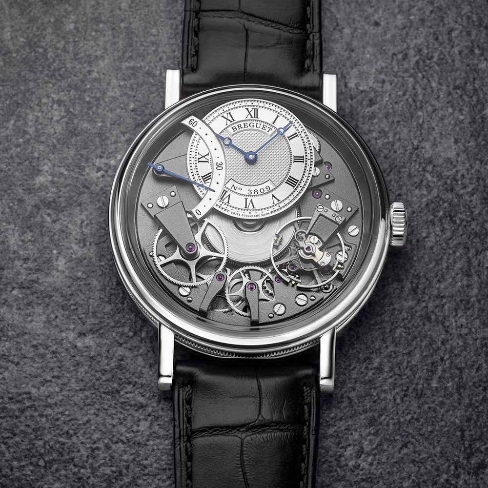 Breguet Tradition Seconde Retrograde 7097 18ct White Gold Silver Skeleton Dial Watch - Berry's Jewellers