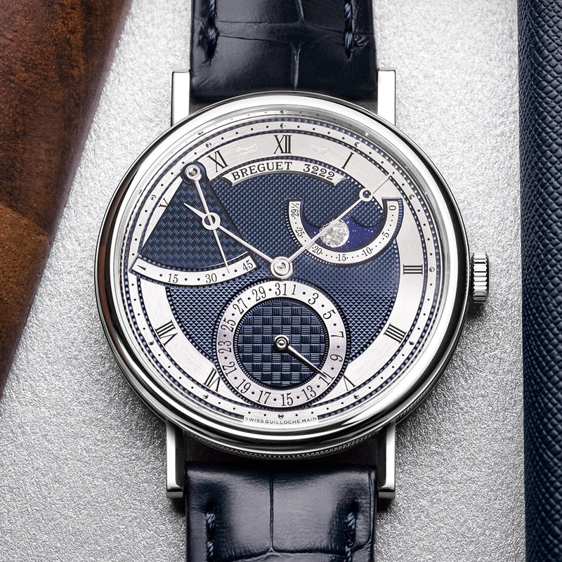 Breguet Classique Phase de Lune 7137 18ct White Gold Blue Guilloche Dial Watch - Berry's Jewellers