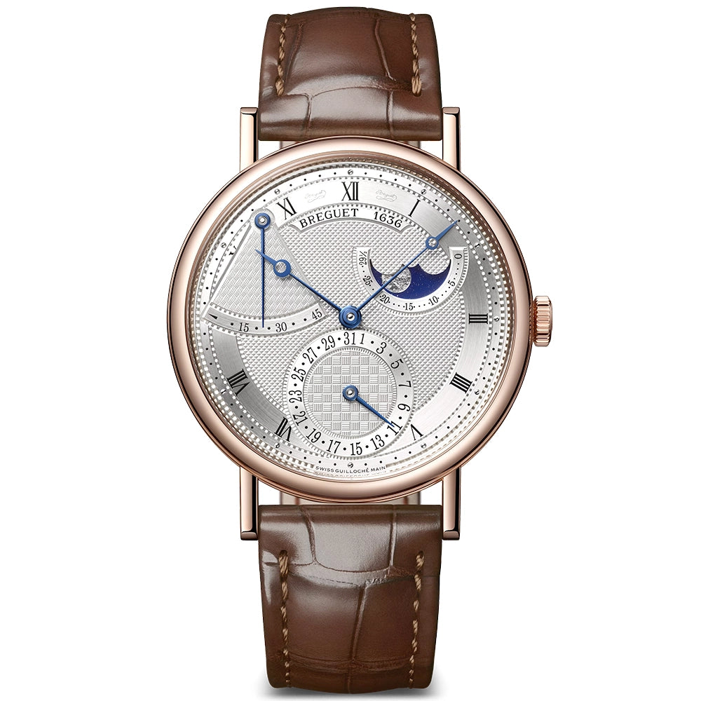 Breguet Classique Phase de Lune 7137 18ct Rose Gold Silver Guilloche Dial Watch - Berry's Jewellers