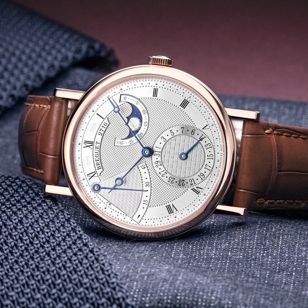 Breguet Classique Phase de Lune 7137 18ct Rose Gold Silver Guilloche Dial Watch - Berry's Jewellers