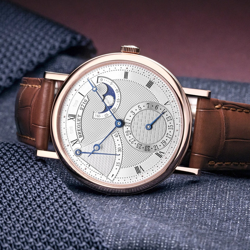 Breguet Classique Phase de Lune 7137 18ct Rose Gold Silver Guilloche Dial Watch - Berry's Jewellers