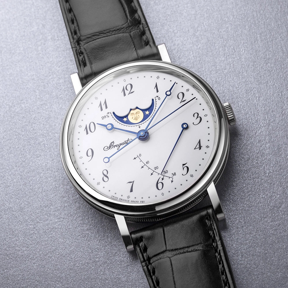 Breguet Classique Phase de Lune 7787 'Grand Feu' White Enamel Dial Watch - Berry's Jewellers