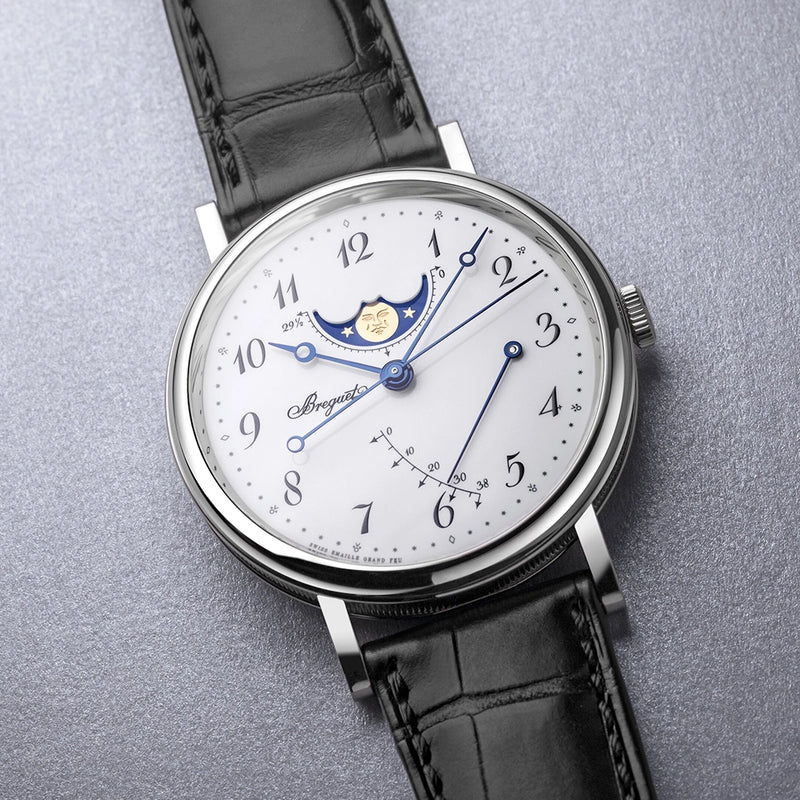 Breguet Classique Phase de Lune 7787 'Grand Feu' White Enamel Dial Watch - Berry's Jewellers
