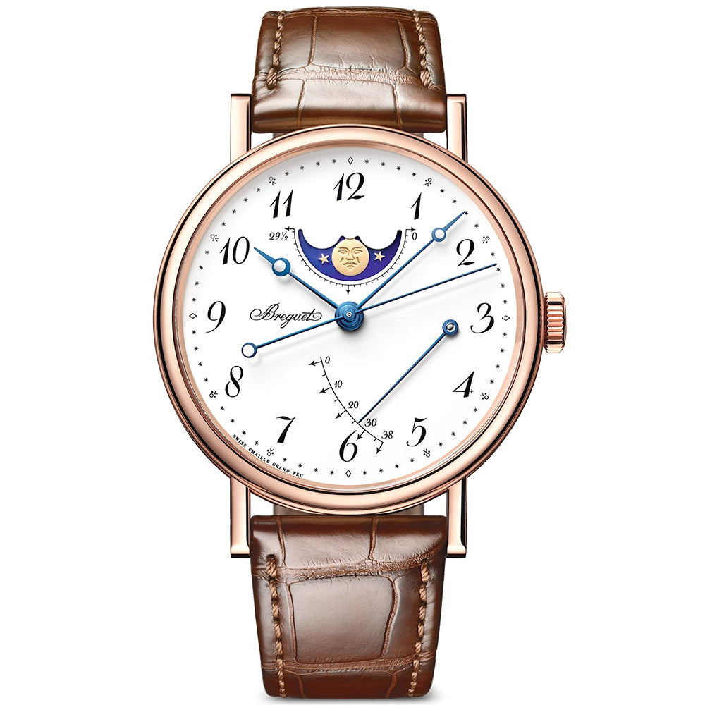 Breguet Classique Phase de Lune 7787 18ct Rose Gold White Enamel Dial Watch - Berry's Jewellers