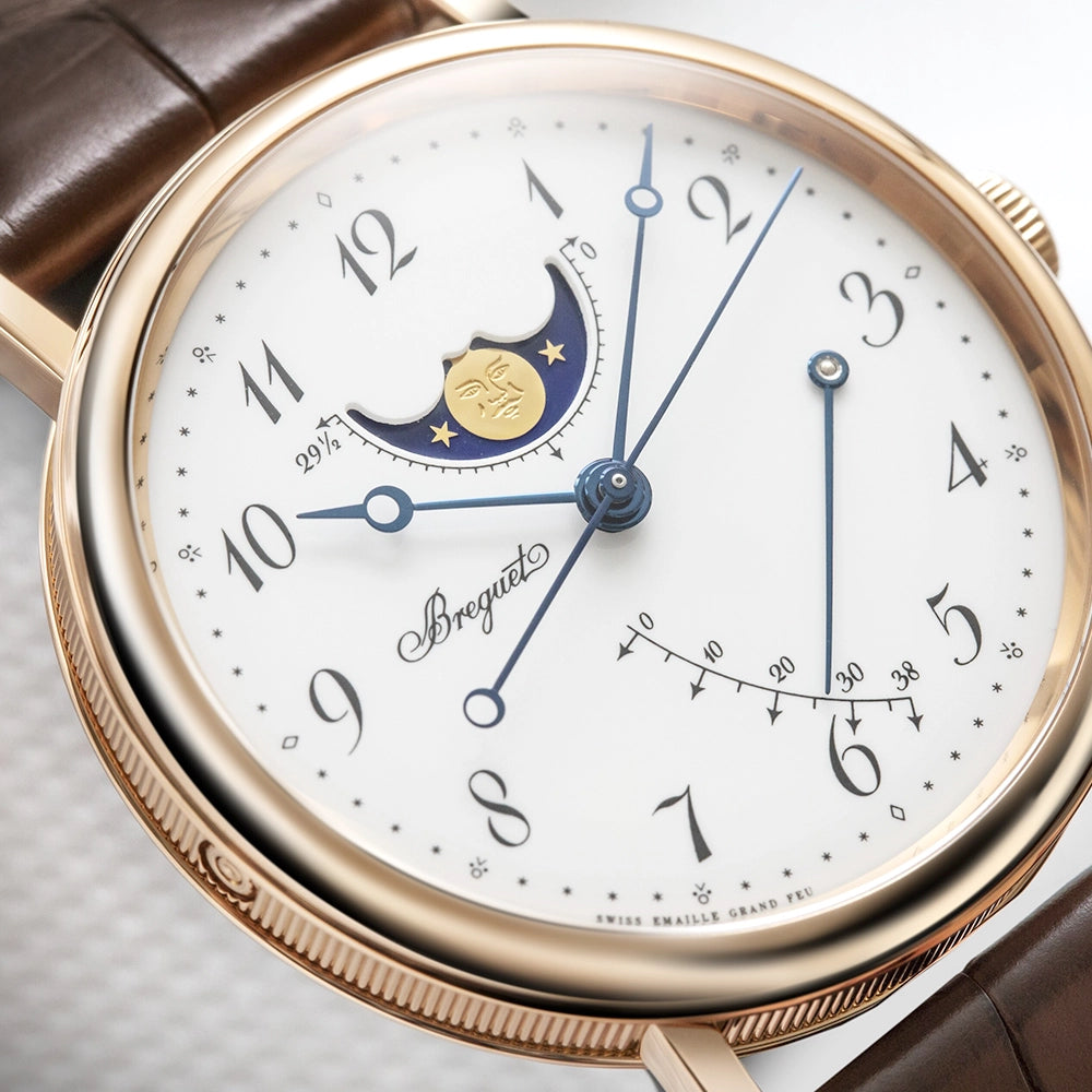 Breguet Classique Phase de Lune 7787 18ct Rose Gold White Enamel Dial Watch - Berry's Jewellers