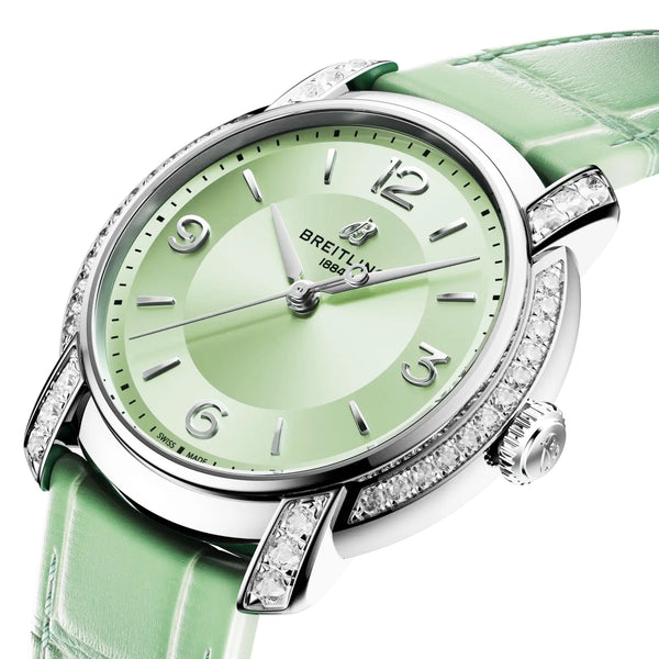 Breitling Lady Premier 36mm Green Dial Automatic Diamond Set Watch - Berry's Jewellers