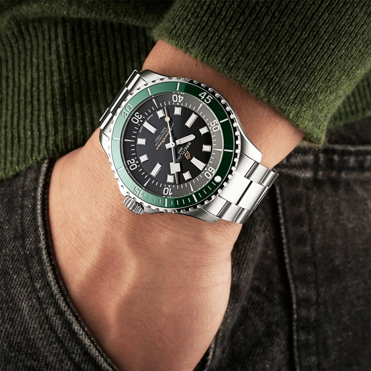 Breitling Superocean UK Edition 44mm Green Bezel Mens Bracelet Watch - Berry's Jewellers