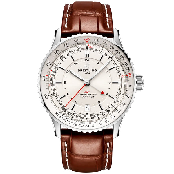 Navitimer GMT 41mm Silver Dial Mens Automatic Strap Watch