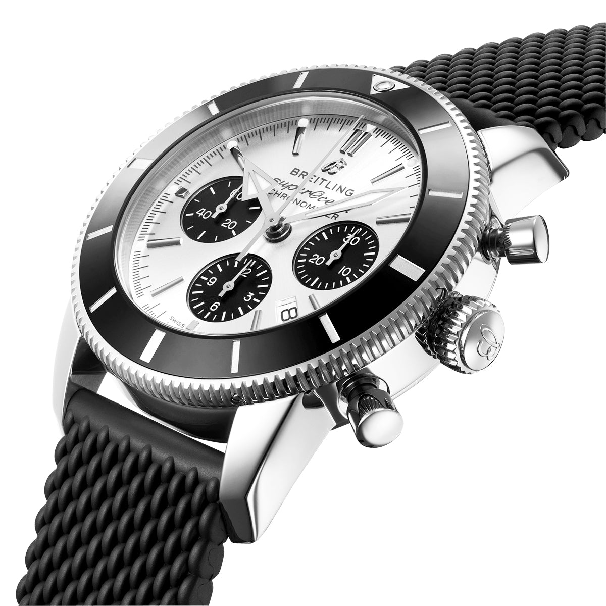 Superocean Heritage II 44mm Silver/Black Dial Rubber Strap Watch