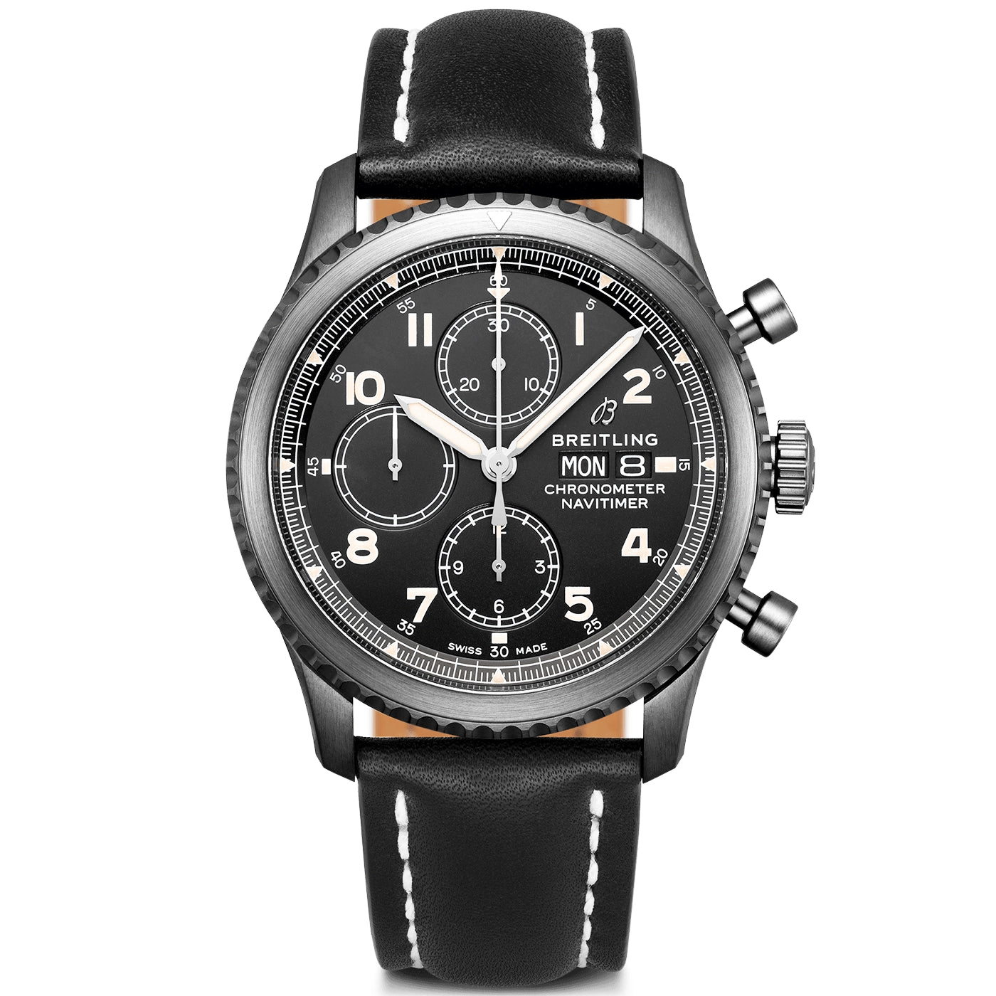 Aviator 8 Chronograph 43mm Blacksteel Mens Leather Strap Watch