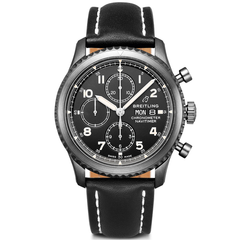 Aviator 8 Chronograph 43mm Blacksteel Mens Leather Strap Watch