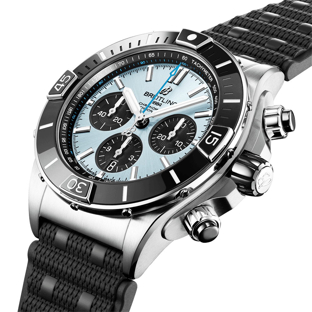 Super Chronomat Steel & Platinum 44mm Ice Blue Dial Strap Watch