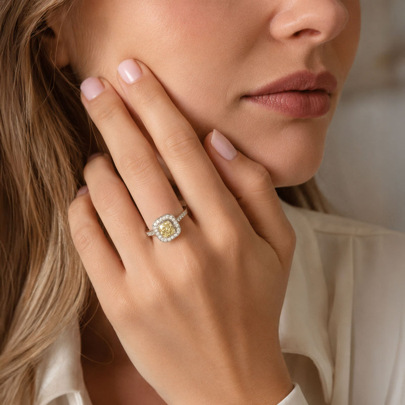 Platinum GIA Yellow Diamond Ring With A Diamond Halo And Diamond Shoulders