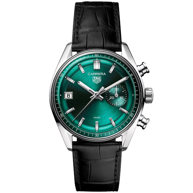 TAG Heuer Carrera DATO 39mm Green Dial Automatic Chronograph Strap Watch - Berry's Jewellers