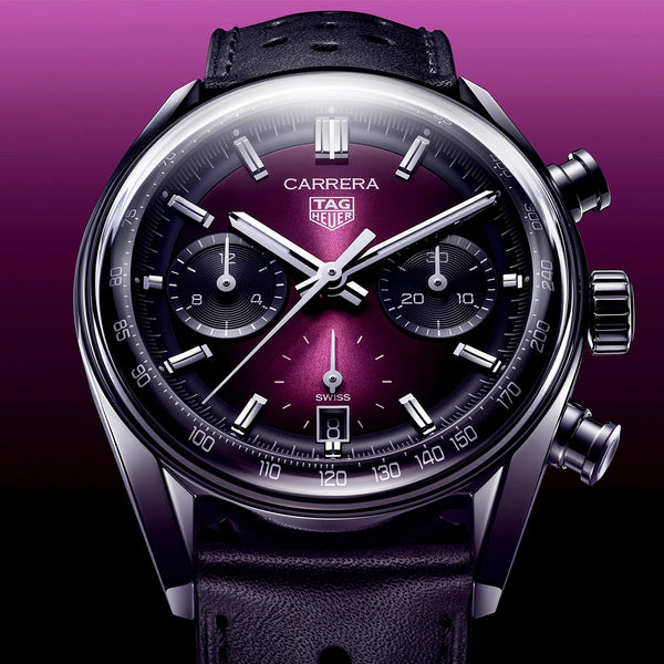 TAG Heuer Carrera 39mm Purple Gradient Dial Automatic Chronograph Strap Watch - Berry's Jewellers