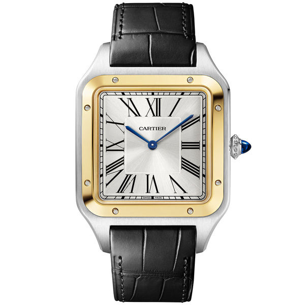 Cartier Santos-Dumont XL Steel & 18ct Yellow Gold Silver Dial Leather Strap Watch - Berry's Jewellers
