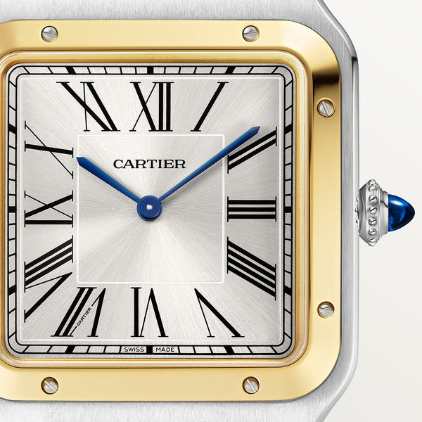 Cartier Santos-Dumont XL Steel & 18ct Yellow Gold Silver Dial Leather Strap Watch - Berry's Jewellers