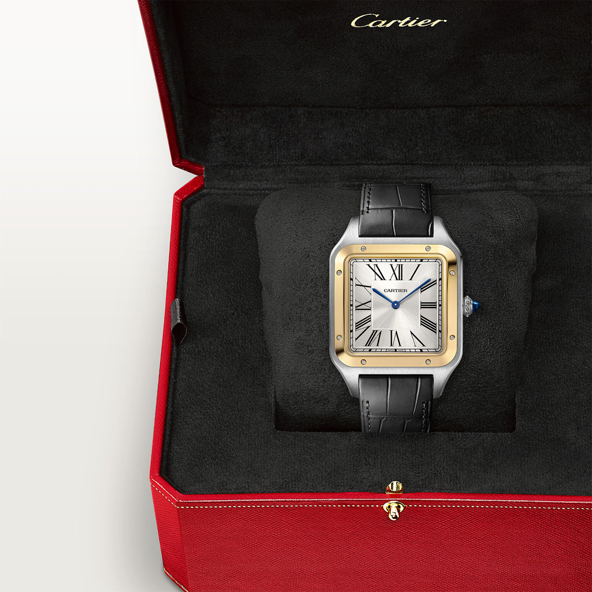 Cartier Santos-Dumont XL Steel & 18ct Yellow Gold Silver Dial Leather Strap Watch - Berry's Jewellers