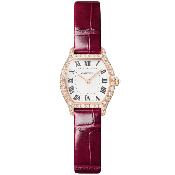 Cartier Tortue Mini Pink Gold Diamond Set Red Strap Watch - Berry's Jewellers