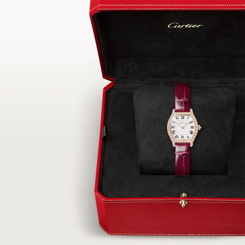 Cartier Tortue Mini Pink Gold Diamond Set Red Strap Watch - Berry's Jewellers