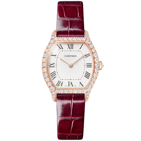 Cartier Tortue Small Pink Gold Diamond Set Red Strap Watch - Berry's Jewellers