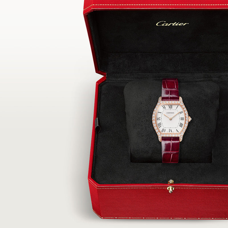 Cartier Tortue Small Pink Gold Diamond Set Red Strap Watch - Berry's Jewellers