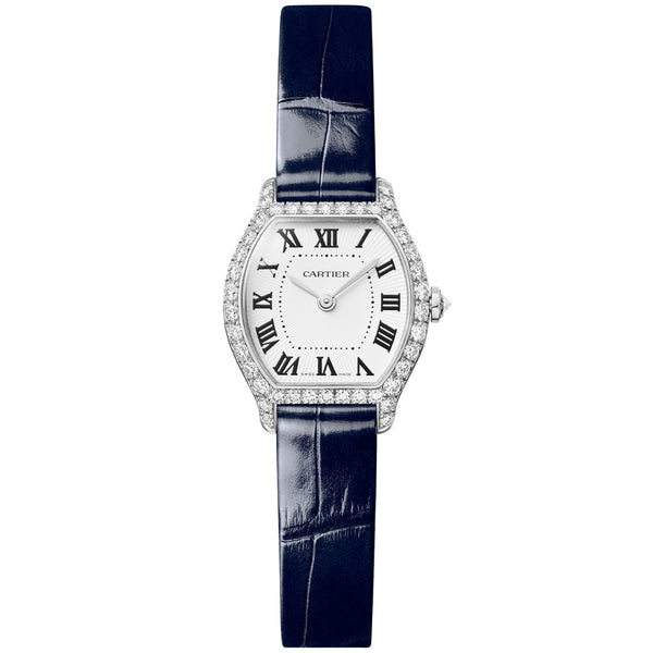 Cartier Tortue Mini White Gold Diamond Set Navy Strap Watch - Berry's Jewellers