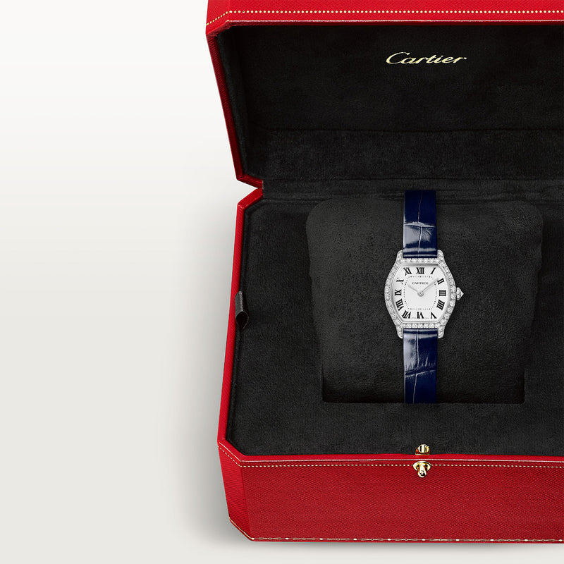 Cartier Tortue Mini White Gold Diamond Set Navy Strap Watch - Berry's Jewellers