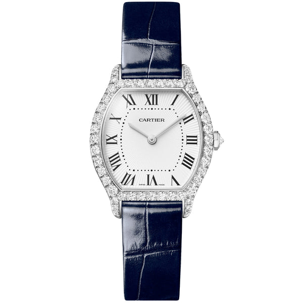 Cartier Tortue Small White Gold Diamond Set Navy Strap Watch - Berry's Jewellers
