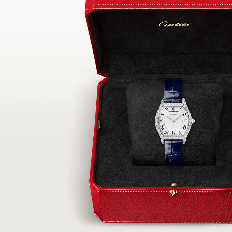 Cartier Tortue Small White Gold Diamond Set Navy Strap Watch - Berry's Jewellers
