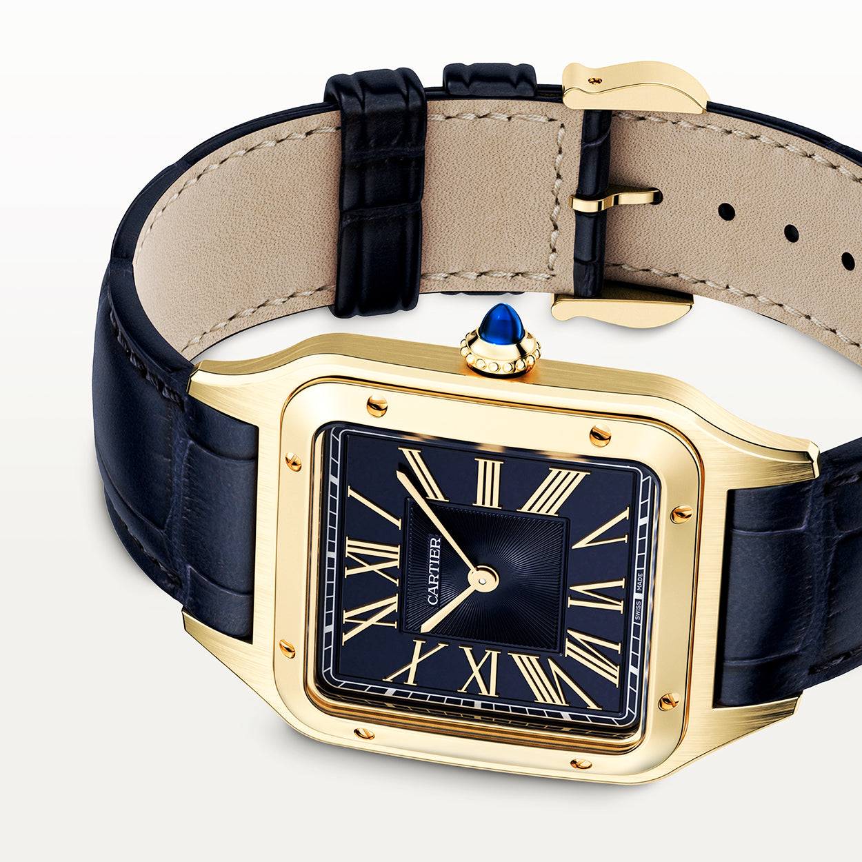 Santos Dumont Large 18ct Yellow Gold Blue Dial Strap Watch