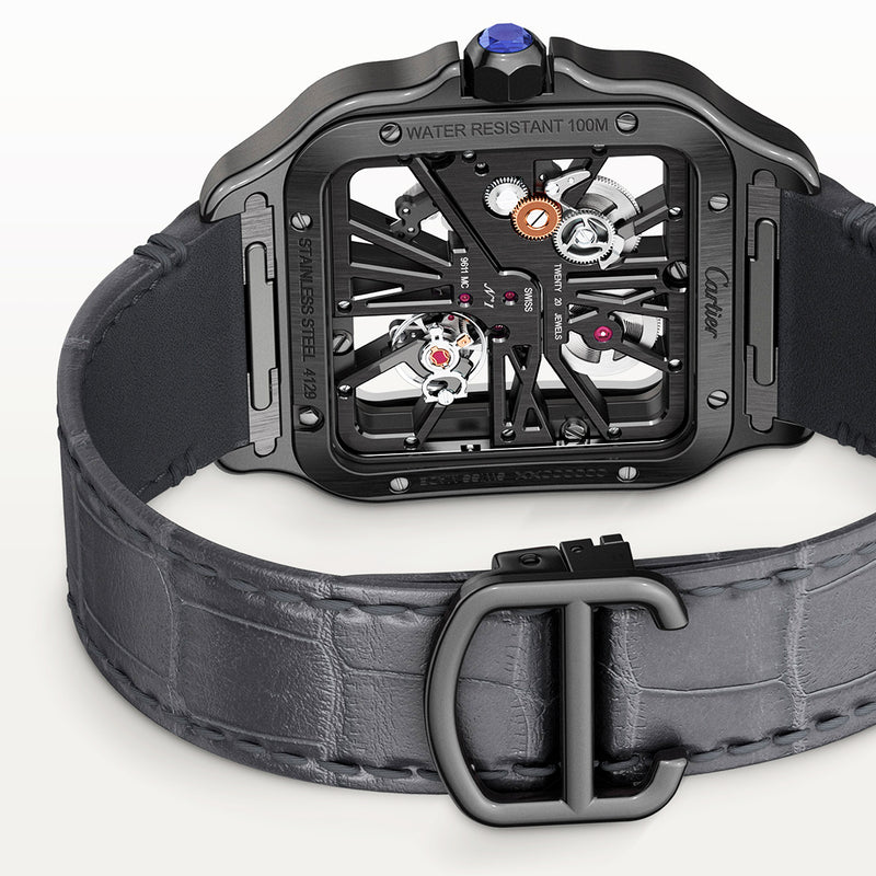 Cartier Santos de Cartier Large Black ADLC Skeleton Dial Manual-Wind Watch - Berry's Jewellers