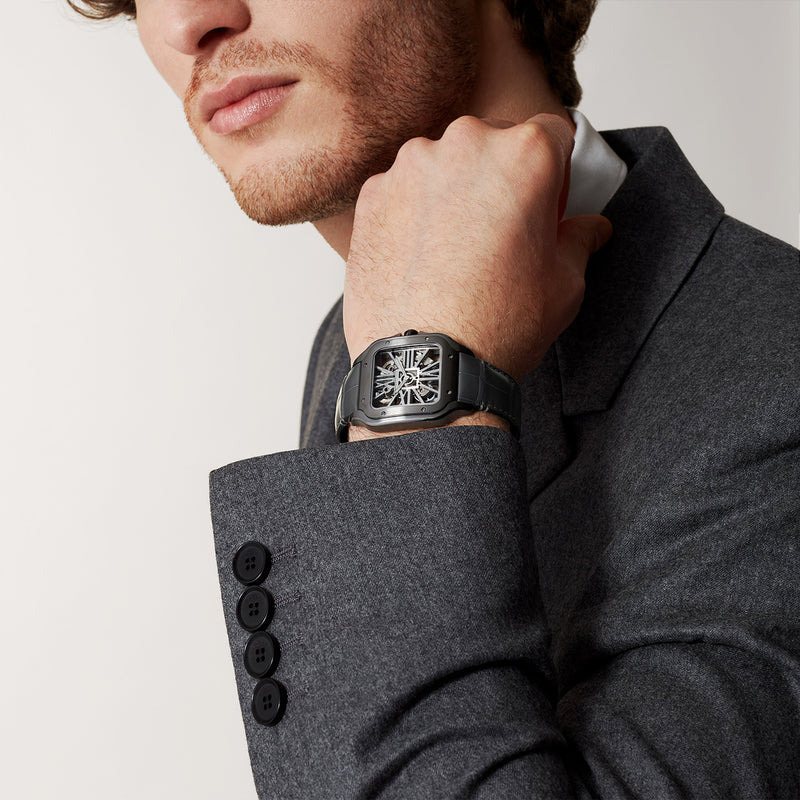 Cartier Santos de Cartier Large Black ADLC Skeleton Dial Manual-Wind Watch - Berry's Jewellers